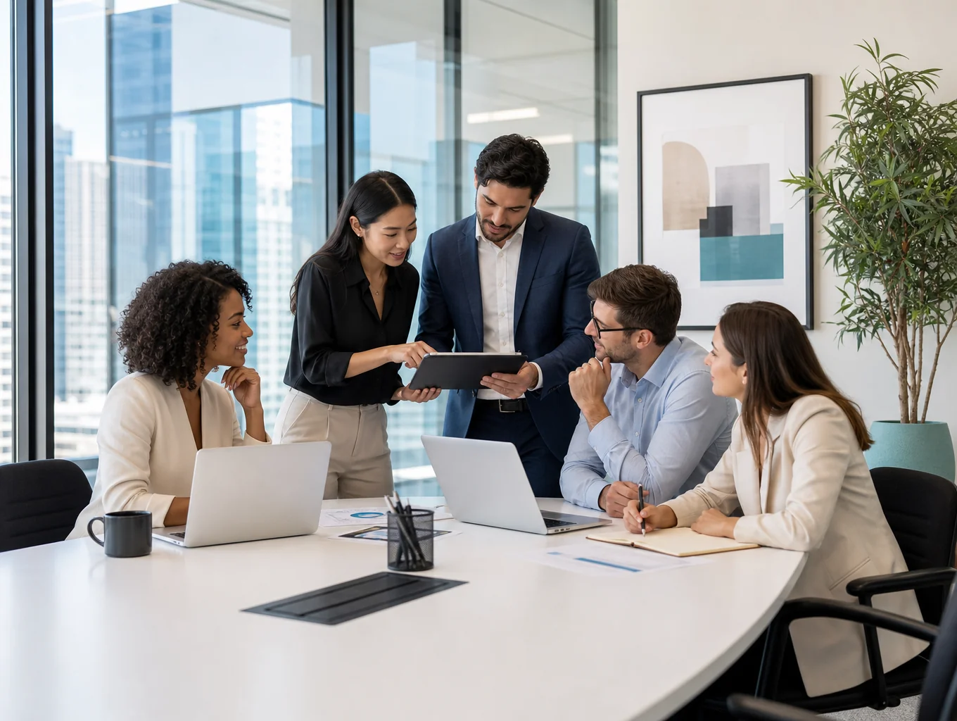 Professional team collaborating in a bright modern workspace